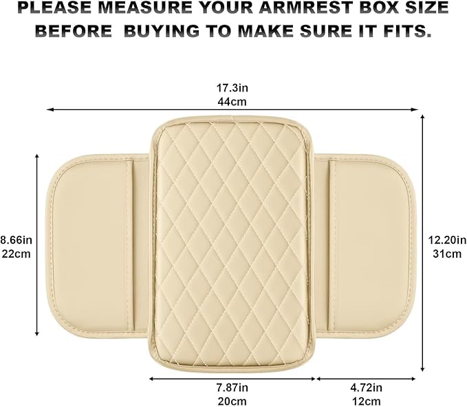 Upgraded Car Center Console Cover Fit for Avalon Faux Leather Car Armrest Cover Cushion with 2 Storage Bags,Car Armrest Storage Box Interior Accessories(Beige&Whiteline)