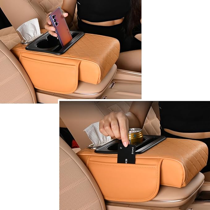 Car Armrest Cushion for SUV with Cup Holder 2.75" Height,5-in-1 Center Console Cover with 2 Storage Bags, Tissue Box Slot, Phone Slot for Sedans, Accessories Interior Organizers (Grey)