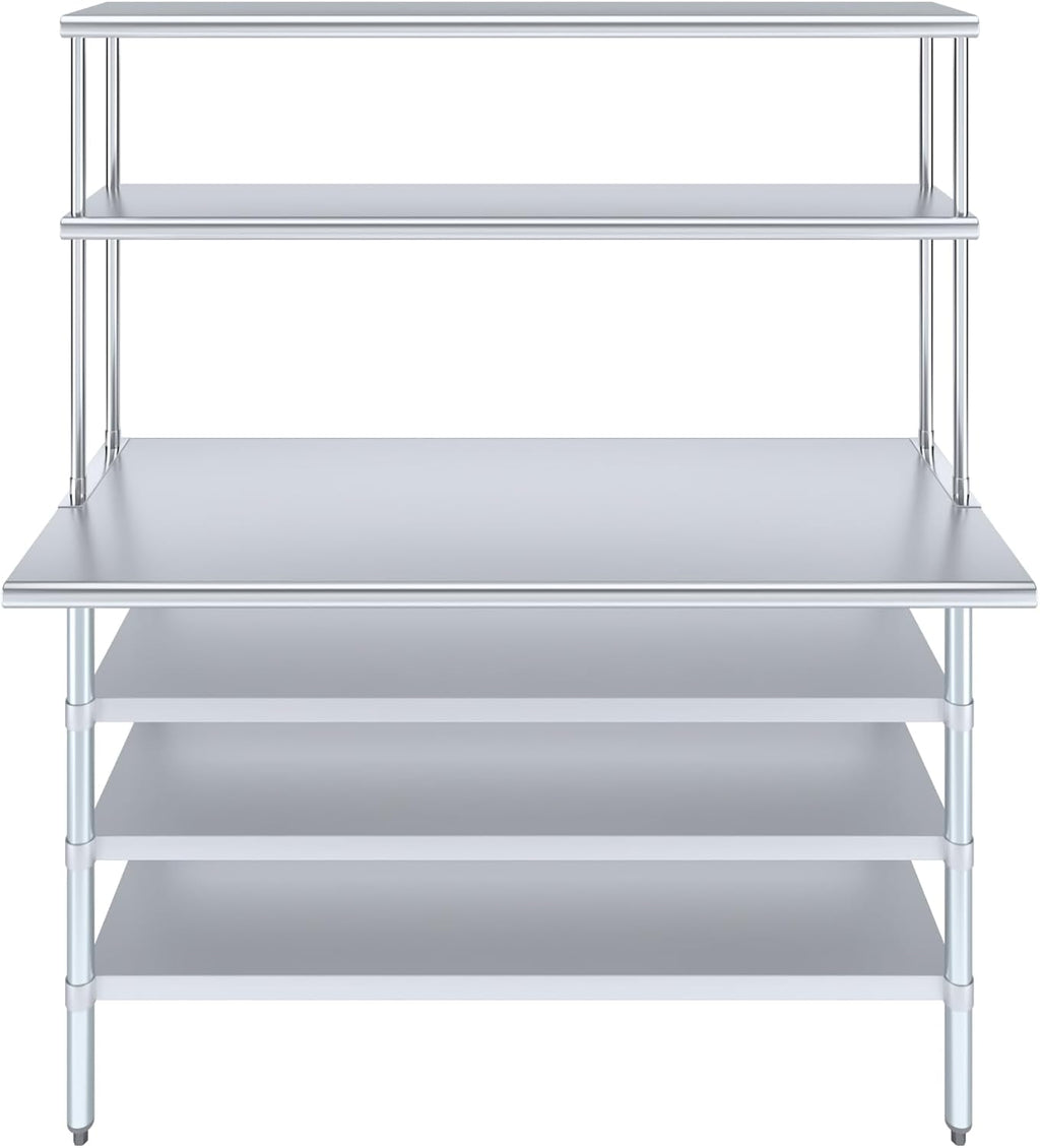 Amgood 24" x 60" Stainless Steel Work Table with 3 Shelves and 12" Wide Double Tier Overshelf | Metal Kitchen Prep Table & Shelving Combo | NSF