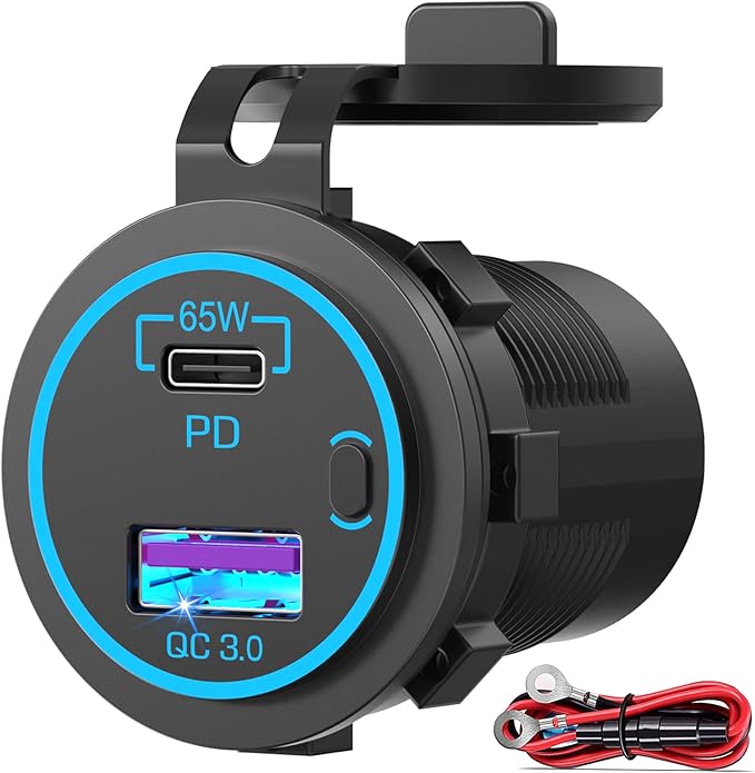 83W12V USB Outlet Qidoe 65W USB C for Laptop Car Charger Socket Quick Charge3.0 18W with Power Switch Long Body Waterproof Adapter for Car Boat Marine Truck Golf RV