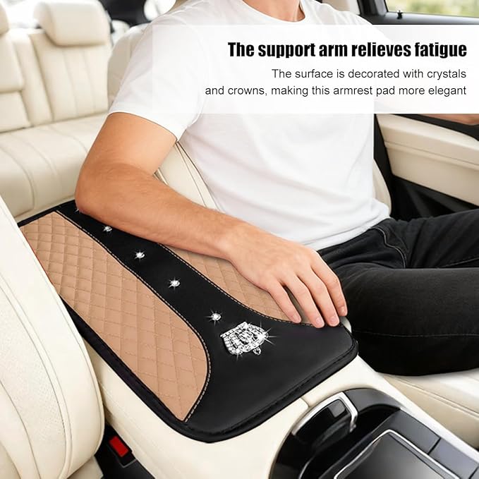 Bling Car Center Console Cover, Crown Crystal Rhinestones Vehicle Armrest Mat Protector, Anti Slip Sparkling Automotive Arm Rest Seat Box Cushion Pad Decor Accessories, Universal Fit (Beige)