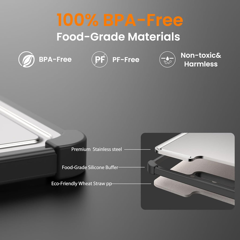 Premium 316 Stainless Steel Cutting Board for Kitchen– Double Sided,Non-Toxic& BPA-Free Chopping Board with Food-Grade Steel &Eco-Friendly Wheat Straw PP,for Meat&Vegetables Healthy Organic Board