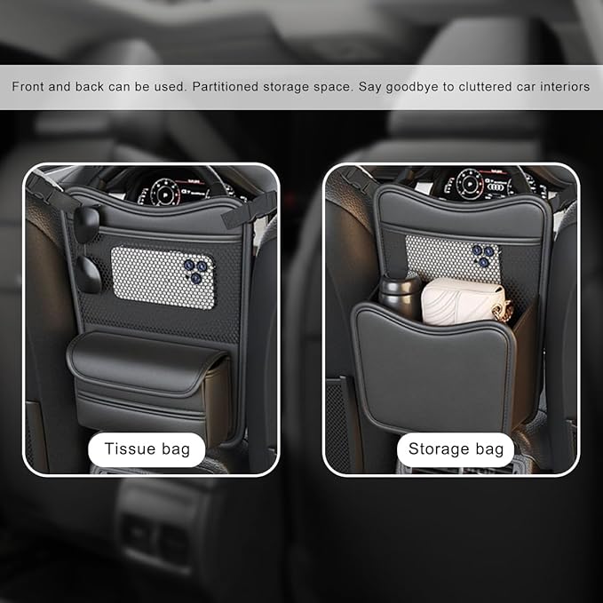 Car Purse Holder Between Seats, Nappa Leather Front Seat Storage Bag with Tissue Holder, Large Capacity Automotive Console Organizer for Document Phone Wallet, Car Accessories (Gray)