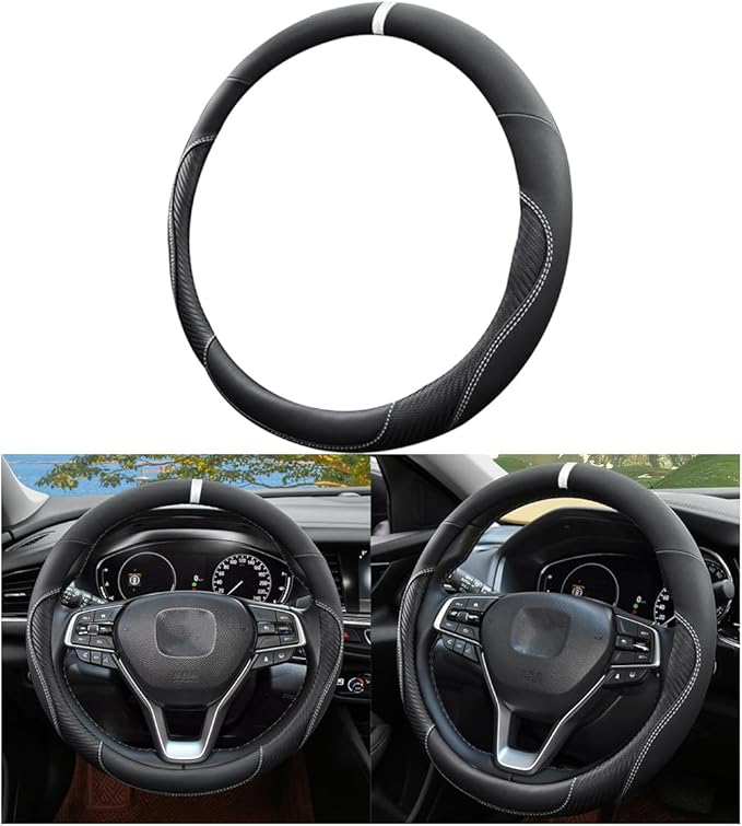 Mandark Car Steering Wheel Cover, 15 Inchs Microfiber Leather Non-Slip Vehicle Steering Wheel Protector, Breathable Auto Interior Protection Accessories, Universal for SUV Sedan Truck (Black/White)