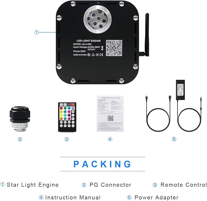 AMKI High Brightness 50W Twinkle Sound Mode RGBW Light Source Engine Driver Remote/APP Control Starlight Box Motor for Fiber Optic Star Ceiling Light Kit