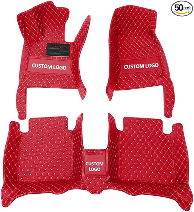 Custom Floor Mats for Cars，Luxury Full Coverage All Weather Car Floor Mats，Leather Car Mat Set ， Floor Mats for 99% of Cars, Trucks & SUVs (Red Beige)
