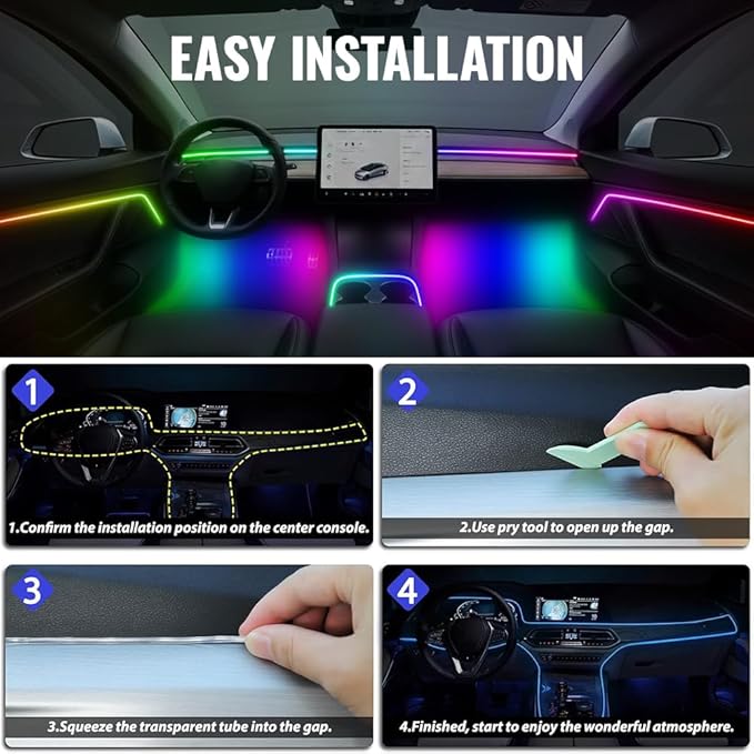 Acrylic Ambient Lighting Car Interior, 6 in 1 Dream Color Acrylic Led Strips Fiber Optic Lights with APP USB Hub, 16 Million Colors 187 Inches Flexible Neon Music Sync Emotion Glow Light for Car Dash