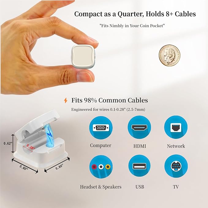 12 Pack Cable Management Clips - M-Xeotei 2-in-1 (Magnetic and Adhesive) Multi-Surface Cable Organizer for Metal/Wood/Plastic, Space Saving Switchable Base Works on Desk/Car/Home/Office (White)