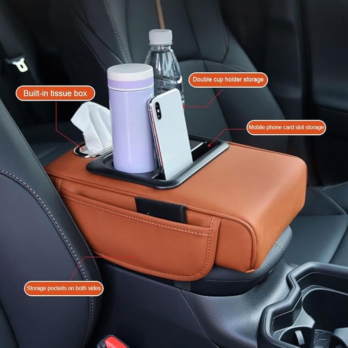 Car Armrest Cushion,5-in-1 Center Console Cover with 2 Storage Bags Cup Holder, Tissue Box Slot, Phone Slot for Car Sedans,Car Interior Accessories for Most Vehicle, SUV, Truck,Cars (Black)