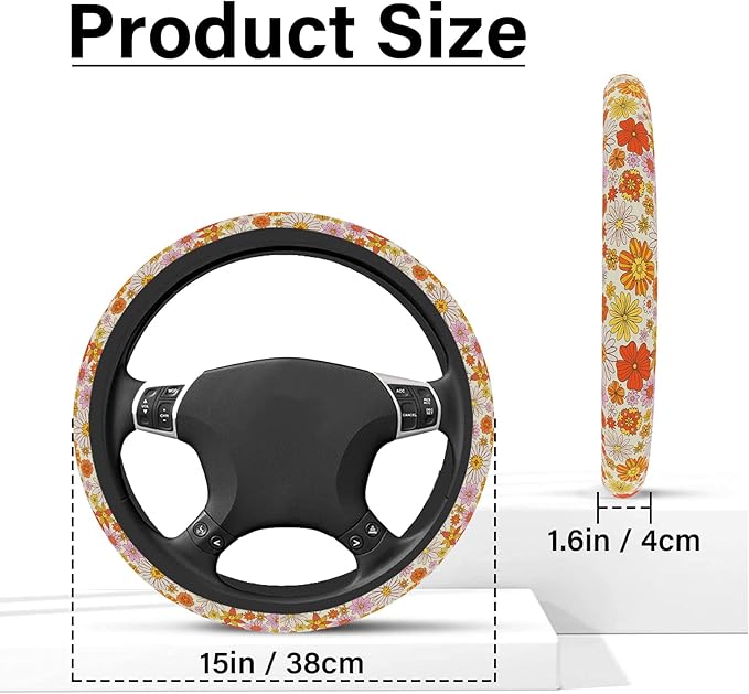 Colorful Daisy Steering Wheel Cover, Orange Floral Print Steering Wheel Cover Protector for Women, Ultra-Thin with Personalized Pattern Design, for Steering Wheel with a Diameter of 14.5"-15"