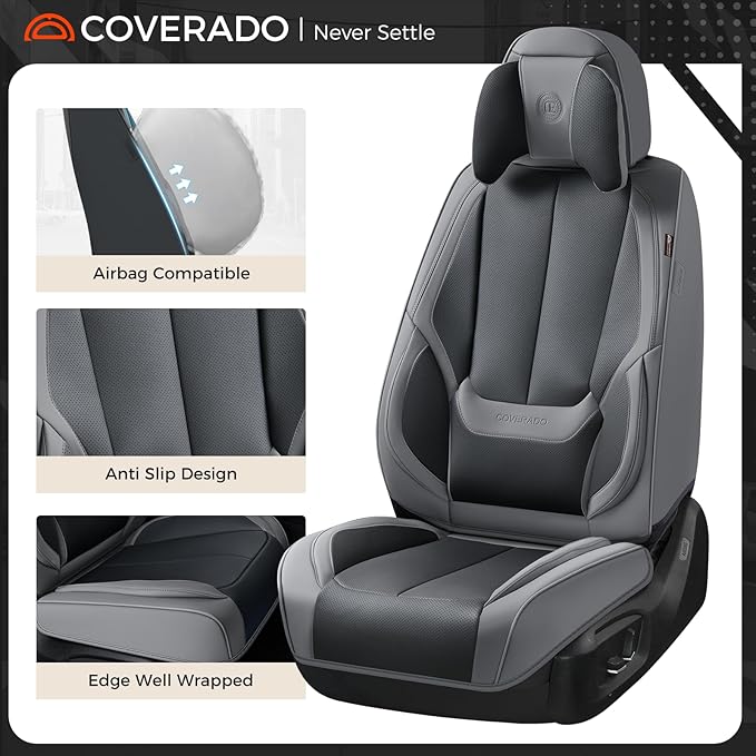 Coverado Seat Covers, Car Seat Covers Front Seats, Car Seat Cover, Car Seat Protector Waterproof, Seat Cushion Nappa Leather with Head Pillow, Carseat Cover Universal Fit for Most Cars (Gray&Black)