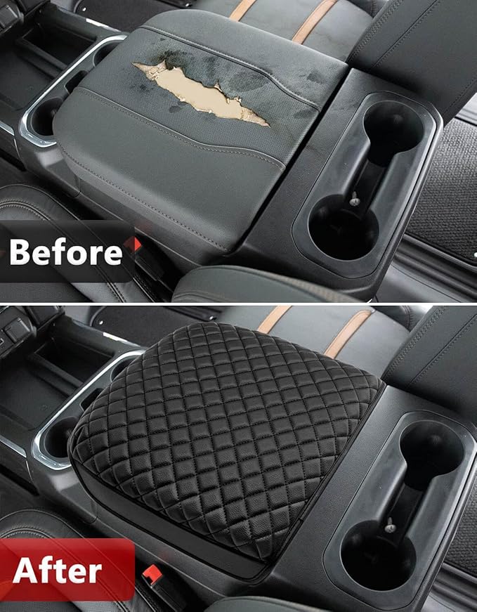 KBH Center Console Armrest Cover for Chevy Chevrolet Silverado & GMC Sierra 2019-2026, Tahoe & Suburban & Yukon 2021-2026, Bucket Seat Only, Vinyl Leather Car Arm Rest Box Cushion Pad Covering, Black