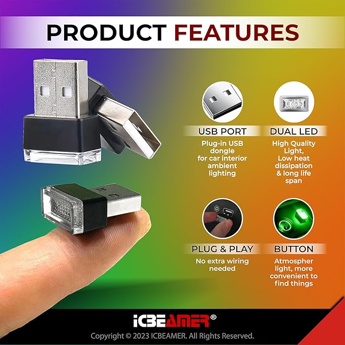 ICBEAMER USB Type-A LED Night Light 2-Pack (Green) | Plug-in Universal Fit Automotive Accessory for Car Interior and Trunk Ambient Atmosphere Lighting