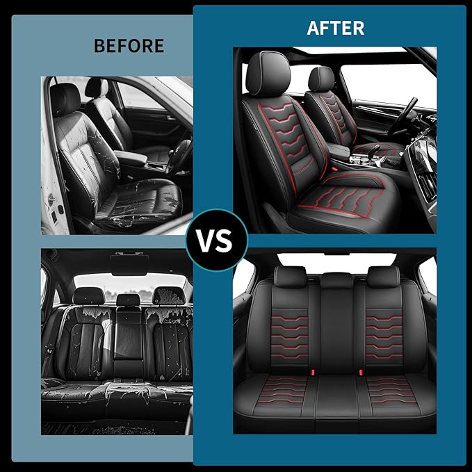 Fit Altima Car Seat Covers Compatible with Nissan Altima 2011-2025 2026 - Full Set Premium Leather， Waterproof Breathable， All-Weather Seat Cushion Protecto&Airbag Compatible（Red Line Black