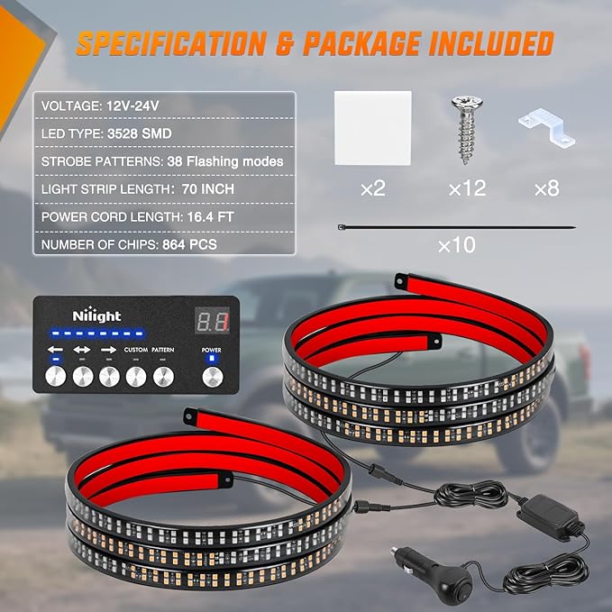 Nilight 2PCS 70 Inch Emergency Strobe Light Strip with Controller 864 LED Amber Green Running Board Lights Flexible Side Flashing Warning Caution Safety Waterproof for Truck Construction Pickup