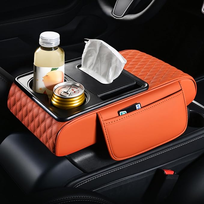 5-in-1 Car Armrest Pad Cushion, Water Ripple Embossed Center Console Booster Pad with Tissue Box, Cup Holder, Storage Bag, Phone Slot, Fit for Most Sedan Vehicles (Water Ripple Series, Coffee)