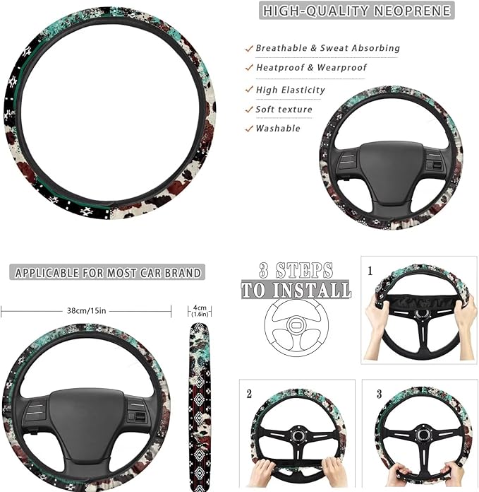 FKELYI Aztec Cattle Anti-Slip Car Seat Cover Steering Wheel Cover, Sunflower Seat Cushions, Gear Shifter Knob and Handbrake Cover, Headrest Covers, Cup Coasters