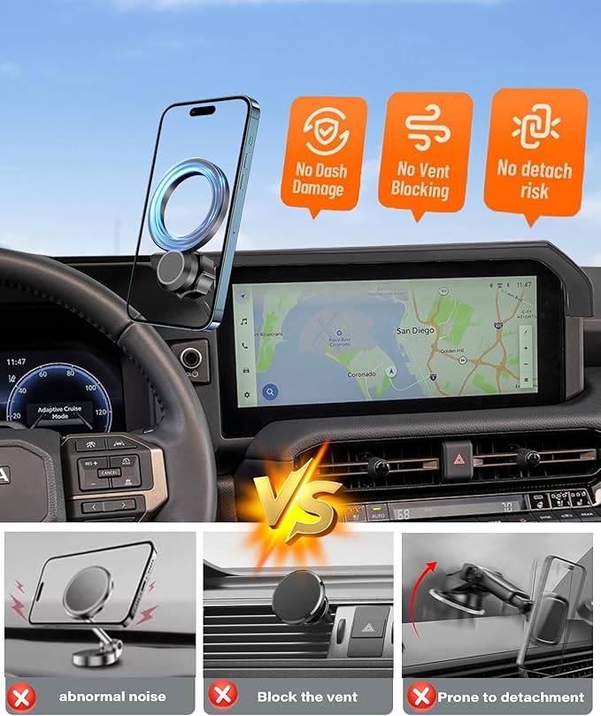 Magnetic Car Phone Mount for 2024-2026 Toyota Land Cruiser LC250 Accessories,for MagSafe Strong Magnets Cell Phone Holder 8/12.3-Inch Screen Cradles, with Portable Phone Gripper 360° Rotation
