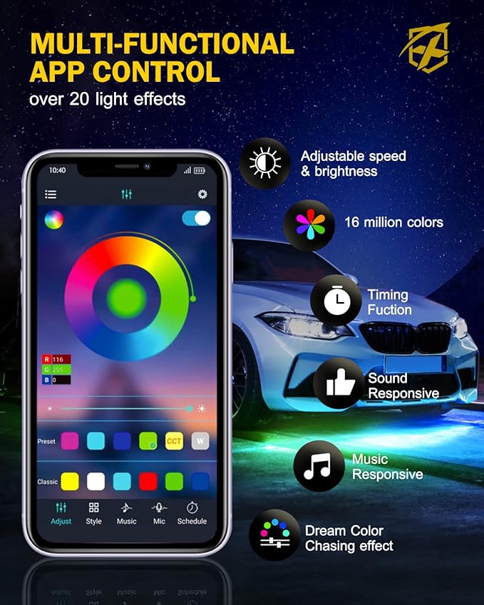 Xprite Car Underglow Light, 6 Pcs Under Glow Kit for Car with Dream Color Dancing Chasing, App & Remote Control 16 Million Colors Sound & Music Waterproof Under Glow Lights for Truck