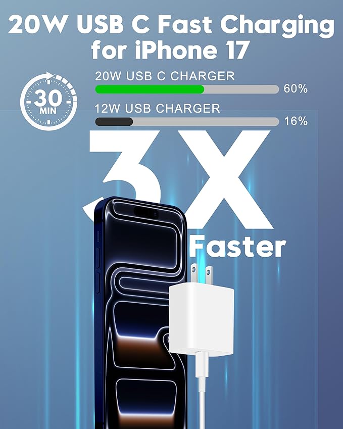 iPhone 17e/17/16e/16 Charger Fast Charging, 2Pack 20W USB C Wall Charger Block Cube with 6FT USB C Cable Cord for iPhone 17e/17/17 Pro Max/Air/16e/16/15 Pro Max/Plus, iPad Pro 13/12.9/11 inch, AirPods