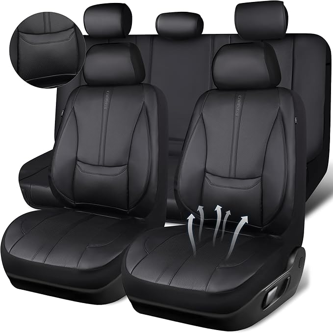 CAR PASS Nappa Leather Car Seat Covers Full Set, Water Resistant 3D Foam Faux Leather Seat Covers with Lumbar Support, Automotive Seat Covers 5 Seats Comfort & Universal Fit for Cars SUV Truck, Black