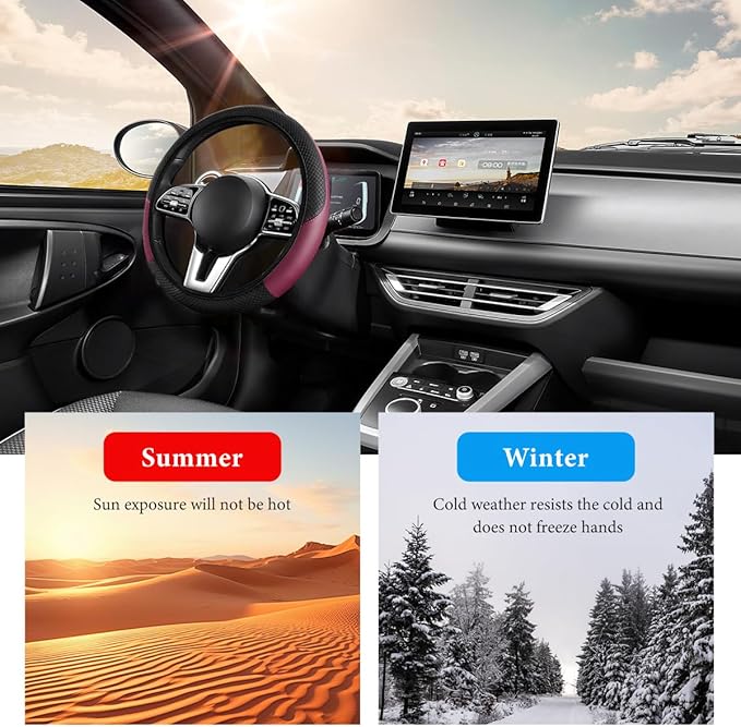 Car Steering Wheel Cover, 15 Inch Anti-Slip Stretch Leather Steering Wheel Protector, Comfortable Breathable Sporty Steering Wheel Cover for Women Men, Car Accessories (Wine Red, AD)