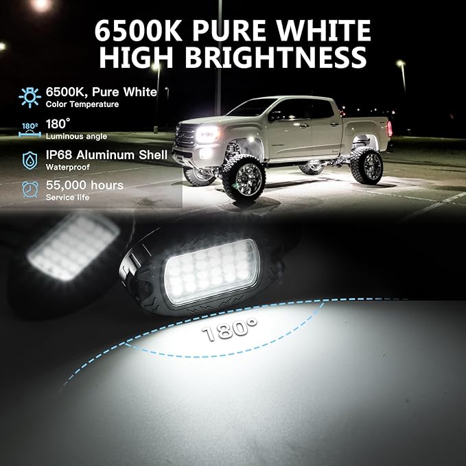 16 Pods Pure White LED Rock Lights, IP68 Waterproof Aluminum 6500K Bright White Underglow Light with Extension Cord Harness,12V Metal Fender Lights for Trucks Off Road UTV ATV Car Golf Trailer Etc
