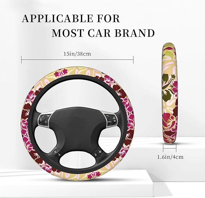 Hawaiian Hibiscus Pattern Car Steering Wheel Cover Anti-Slip Breathable and Sweat Absorption Neoprene Universal 14-15 Inch Inches Car Accessories