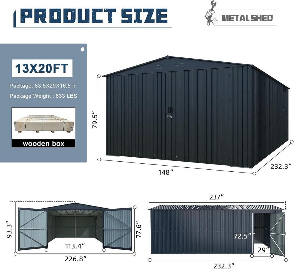 KUIKUI 20x13ft Heavy Duty Outdoor Garage Metal Shed, Sheds and Outdoor Storage with 2 Doors and 4 Vents Without Floor, Car Sheds Outdoor Garage