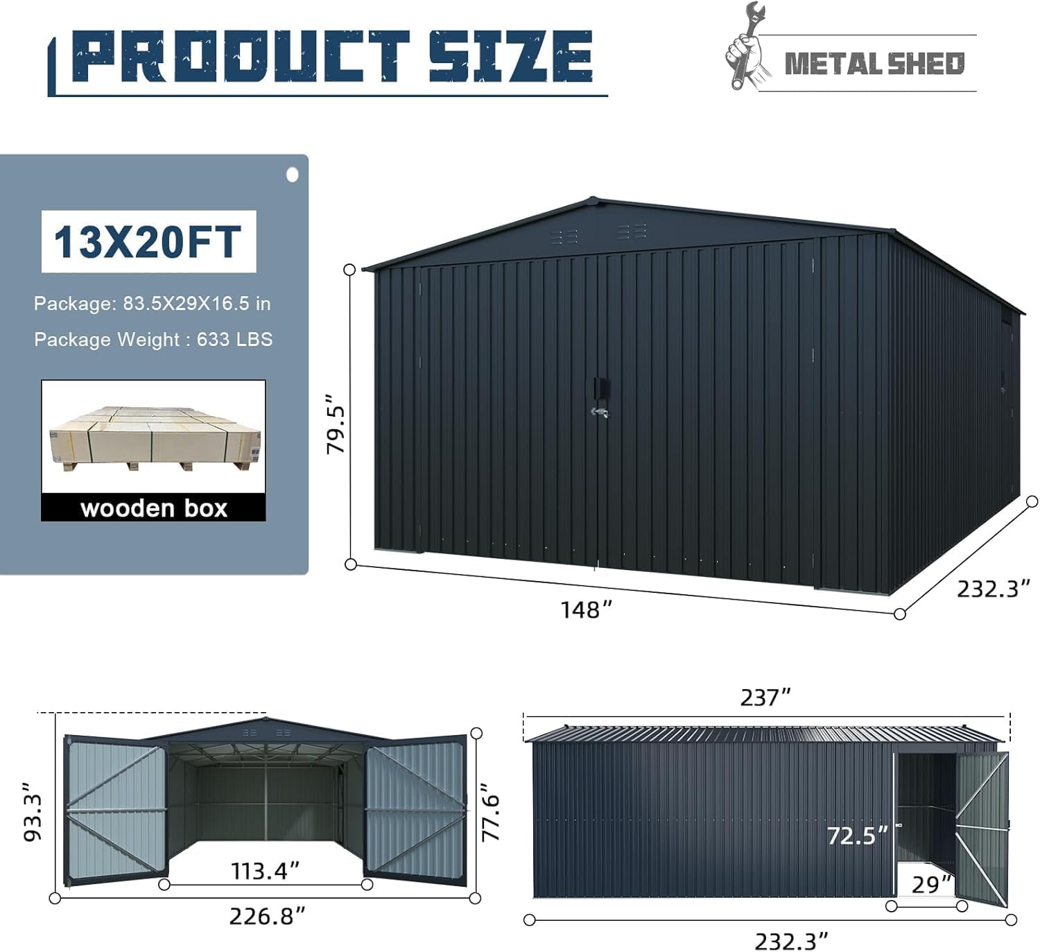 KUIKUI 20x13ft Heavy Duty Outdoor Garage Metal Shed, Sheds and Outdoor Storage with 2 Doors and 4 Vents Without Floor, Car Sheds Outdoor Garage