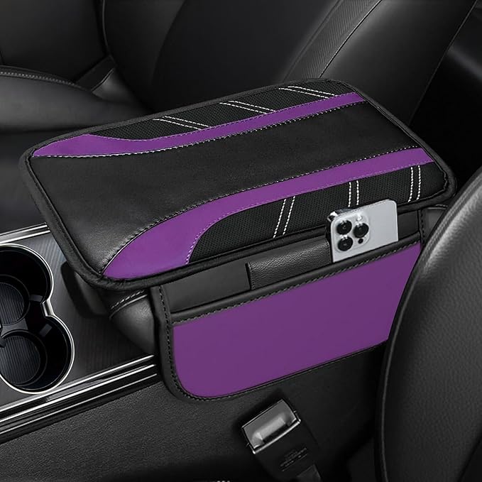 NBTEPEM Purple Center Console Cover, Sporty Leather Armrest Cover Cushion with 2 Storage Pockets, Universal Auto Middle Console Protector, Car Interior Accessories for Most SUV, Truck, Sedan Vehicles