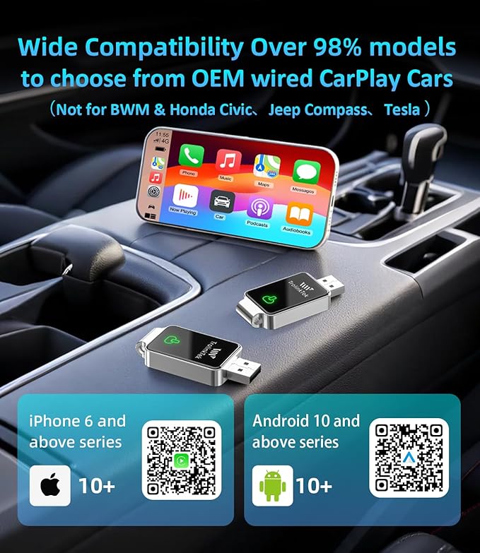Mini Wireless Carplay Adapter for Apple iPhone, Converts Wired to Wireless Car Play Adapter, CarPlay Dongle Stick for Car(2015+), USB & Type-C Plug & Play for iPhone iOS 10+ Android 11+