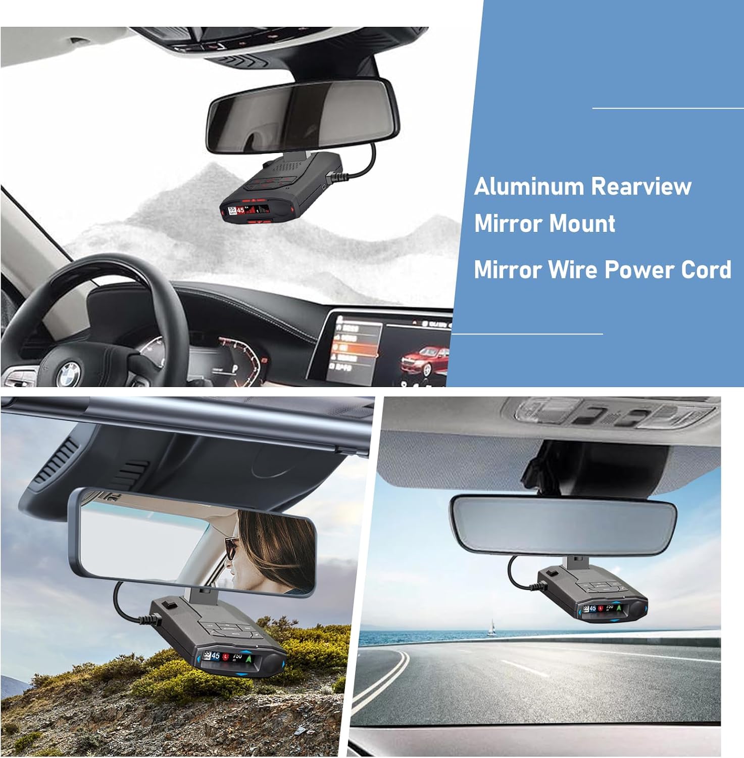 Radar Detector Mount,Rearview Mirror Rod Radar Mounting Bracket+Rearview Mirror Hard Wire Power Cord kit16,with Inline Fuse (for Radar Base with EZ Magnet Connection)