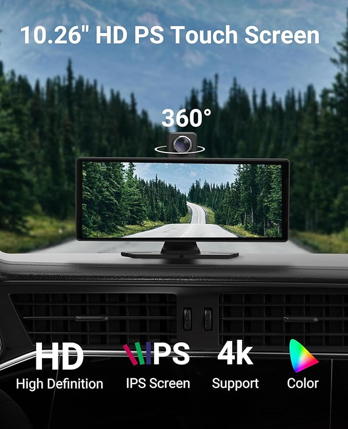 Wireless CarPlay and Android Auto 10.26-inch Touchscreen, 4K Dash Camera and 1080p Backup Camera, Universal Portable car Display, Equipped with 64G Memory Card