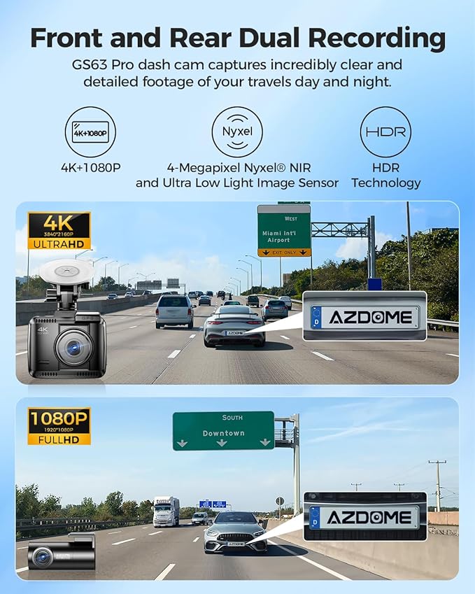 AZDOME 4K HDR Dash Cam with No-Light Full-Color Night Vision, 128GB eMMC, ADAS, 4K+1080P Dashcam Front and Rear, 5GHz WiFi GPS 24H Parking Mode Car Camera, GS63Pro
