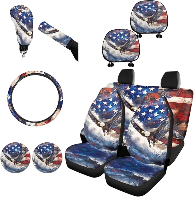FKELYI Eagle Car Seat Covers - American Flag Headrest, Dust-Proof Gear & Handbrake, Steering Wheel, Cup Coasters