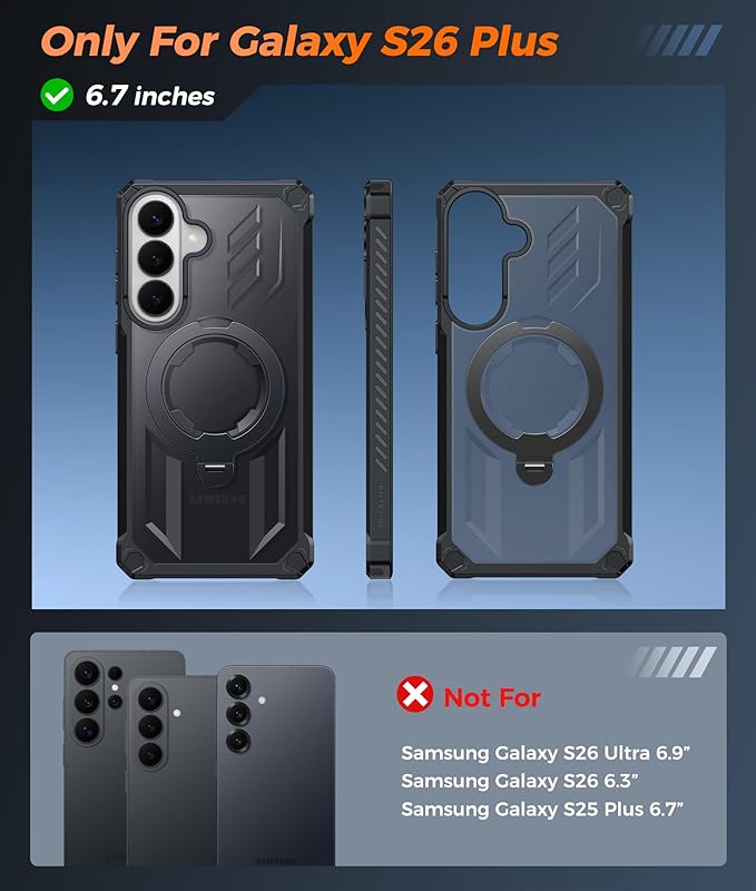 FNTCASE for Samsung Galaxy S26+ Plus Case: Magnetic Phone Case with Ring Kickstand | Screen Protector Heavy Duty Military Grade Protection Drop Proof Protective for S26 Plus 6.9 Translucent Black