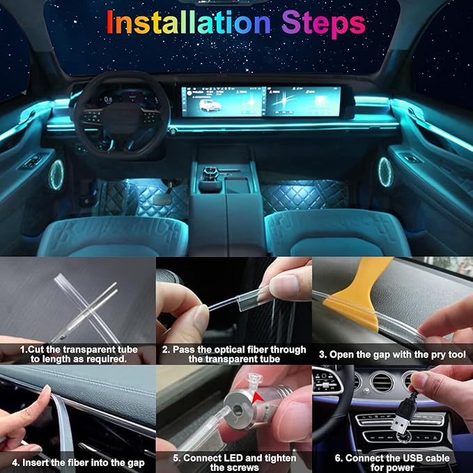 Car LED Interior Strip Lights 6 in 1 APP and Remote Control, RGB 16 Million Colors Ambient Lighting Kit with 315 inches Fiber Optic,Car Decoration for Dash Door Roof