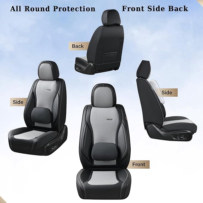 Coverado Car Seat Covers Full Set, Black Gray Seat Covers for Cars, Waterproof Nappa Leather Automotive Seat Covers with Lumbar Head Pillow, Car Seat Protectors, Universal Fit for Most Cars SUV