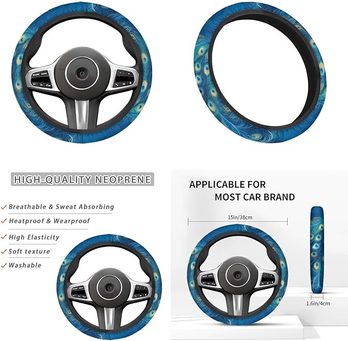 Blue Peacock Print Car Steering Wheel Cover Set for Men Women Beautiful Car Interior Decor Cup Coaster Handbrake Cover Universal Fit Auto,Suvs,Truck