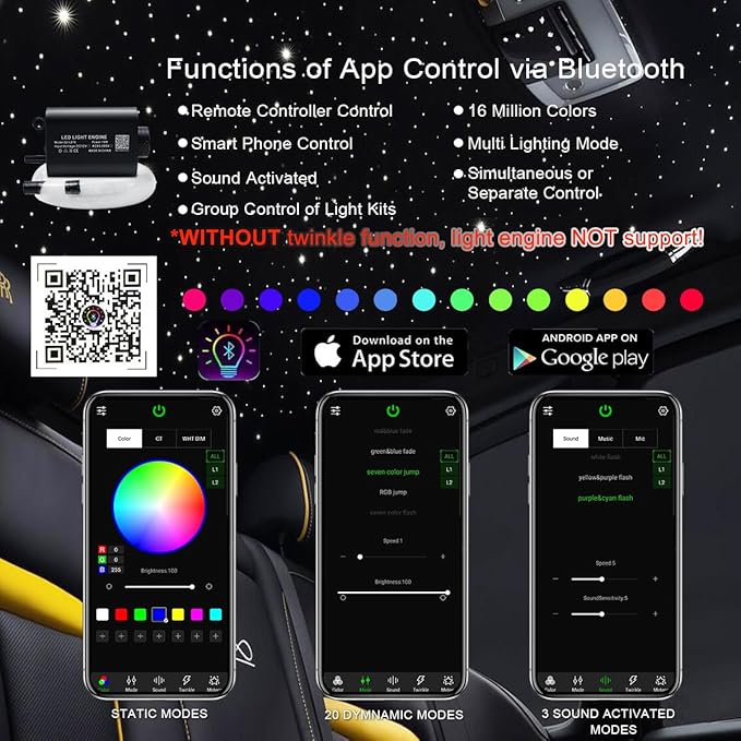 AKEPO 16W Fiber Optic Starlights Headliner Kit 300 Strands 0.03in 6.5ft/2m, Bluetooth APP Control+Music Activated Optical Fiber Light Kit for Car/Truck/Home Use