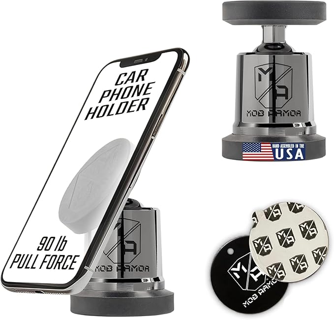 Mob Armor MobNetic Maxx - USA Assembled Magnetic Phone Holder for Car, Magnetic Car Phone Mount, 90-Degree Tilt, 360-Degree Rotation, Aluminum Metal, Compatible with iPhone & Android - Black Chrome