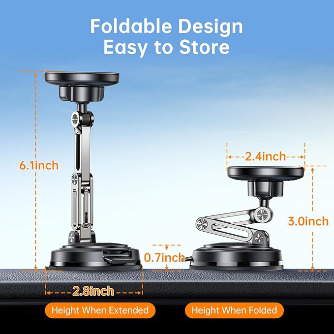 SYNCWIRE for MagSafe Car Mount, [3-Axis Adjustable] Vacuum Magnetic Phone Holder, Replaceable Suction Cup (Dashboard/Windshield), 360° Rotation, Foldable, for iPhone 17-12 Pro/Max/Plus, Carbon-Fiber