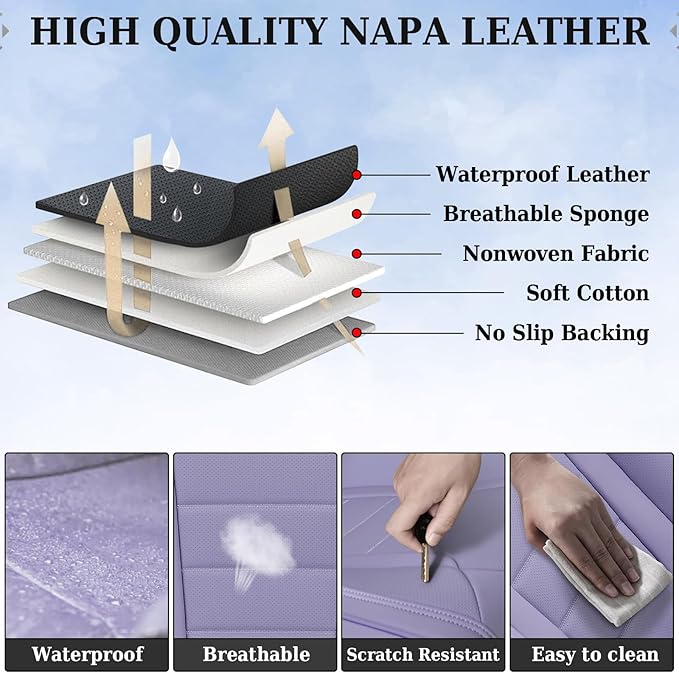 Coverado Car Seat Covers Full Set, Nappa Leather Seat Covers for Cars, Car Seat Protector Car Seat Cushion, Front and Back Seat Protectors Cushions Universal Fit for Most Cars Vehicles(Purple)