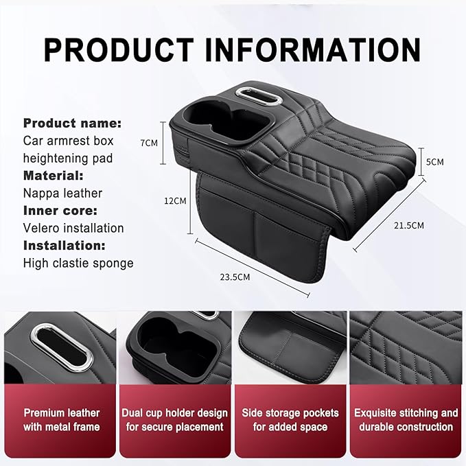 Car Armrest Storage Box for Cadillac XT4 2018–2025 2020 2021 2022 2023 2024, Sport-Style Center Console Organizer with Side Pocket, PU Leather Armrest Cushion, Elbow Support Pad,B White
