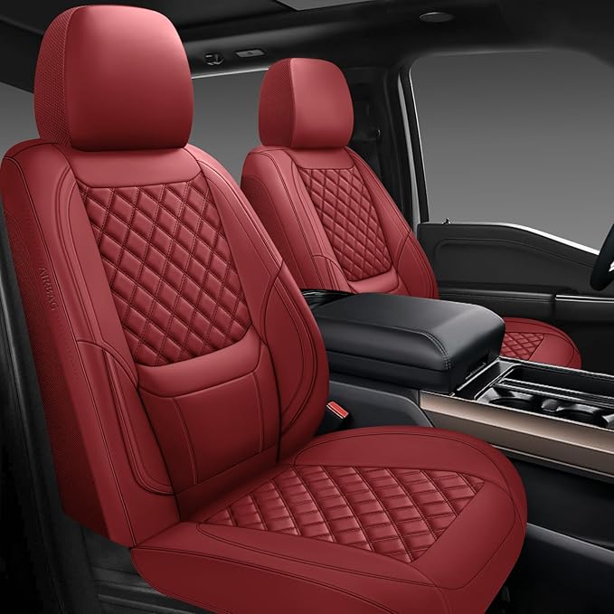 Car Seat Covers Full Set,Universal Fit for Cars,SUVs,Trucks,and Sedans with 5 Seats,Faux Leather Car Seat Cushion Compatible with Airbags,Waterproof Car Seat Protector,Wine Red