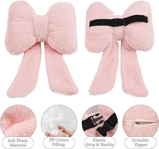 2 Pack Bow Car Headrest Pillows Plush Neck Pillows for Travel Driving Office Chair Head Support Cushions, Also Cute Car Decor Accessories for Women (Pink)