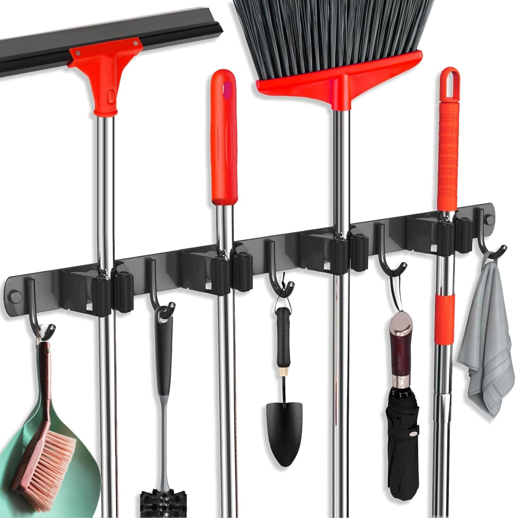 Mop and Broom Holder Wall Mount, Upgraded Broom Hanger Wall Mount, Stainless Steel Broom Organizer for Closet Garage Laundry Room Kitchen Wall Decor(4Racks 5Hooks Black)