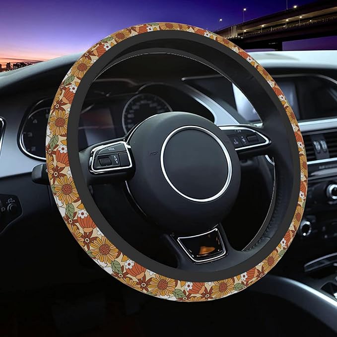 Car Steering Wheel Cover for Women Men, Non-Slip Retro Sunflower Floral Steering Wheel Protector, Universal 14"-15" Fit for Cars, SUVs, Trucks (Retro Sunflower Floral)