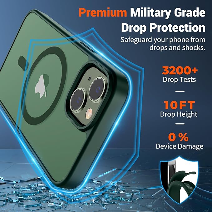 SUPFINE Magnetic for iPhone 15 Plus Case & iPhone 14 Plus Case(Compatible with MagSafe)(Military Grade Drop Protection) Slim Translucent Shockproof with Anti-Fingerprint Phone Case,Forest Green